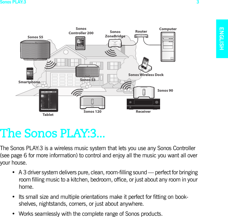 Sonos PLAY:3 3ENGLISHNEDERLANDSDEUTSCHSVENSKAThe Sonos PLAY:3...The Sonos PLAY:3 is a wireless music system that lets you use any Sonos Controller (see page 6 for more information) to control and enjoy all the music you want all over your house. • A 3 driver system delivers pure, clean, room-filling sound — perfect for bringing room filling music to a kitchen, bedroom, office, or just about any room in your home.• Its small size and multiple orientations make it perfect for fitting on book-shelves, nightstands, corners, or just about anywhere.• Works seamlessly with the complete range of Sonos products.SonosZoneBridgeSonos 90  Sonos 120RouterReceiverComputerSonosController 200Sonos S5 Sonos S3SmartphoneTabletSonos Wireless Dock