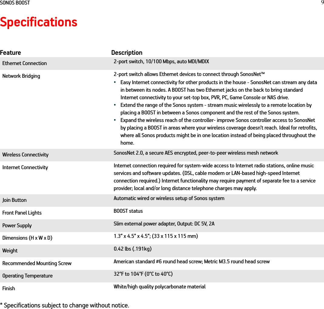 SONOS BOOST 9Specifications* Specifications subject to change without notice.Feature DescriptionEthernet Connection 2-port switch, 10/100 Mbps, auto MDI/MDIXNetwork Bridging 2-port switch allows Ethernet devices to connect through SonosNet™ •  Easy Internet connectivity for other products in the house - SonosNet can stream any data in between its nodes. A BOOST has two Ethernet jacks on the back to bring standard Internet connectivity to your set-top box, PVR, PC, Game Console or NAS drive.•  Extend the range of the Sonos system - stream music wirelessly to a remote location by placing a BOOST in between a Sonos component and the rest of the Sonos system.•  Expand the wireless reach of the controller- improve Sonos controller access to SonosNet by placing a BOOST in areas where your wireless coverage doesn’t reach. Ideal for retrofits, where all Sonos products might be in one location instead of being placed throughout the home. Wireless Connectivity SonosNet 2.0, a secure AES encrypted, peer-to-peer wireless mesh networkInternet Connectivity Internet connection required for system-wide access to Internet radio stations, online music services and software updates. (DSL, cable modem or LAN-based high-speed Internet connection required.) Internet functionality may require payment of separate fee to a service provider; local and/or long distance telephone charges may apply.Join Button Automatic wired or wireless setup of Sonos systemFront Panel Lights BOOST statusPower Supply Slim external power adapter, Output: DC 5V, 2ADimensions (H x W x D) 1.3” x 4.5” x 4.5”; (33 x 115 x 115 mm) Weight 0.42 lbs (.191kg)Recommended Mounting Screw American standard #6 round head screw; Metric M3.5 round head screwOperating Temperature 32°F to 104°F (0°C to 40°C)Finish White/high quality polycarbonate material