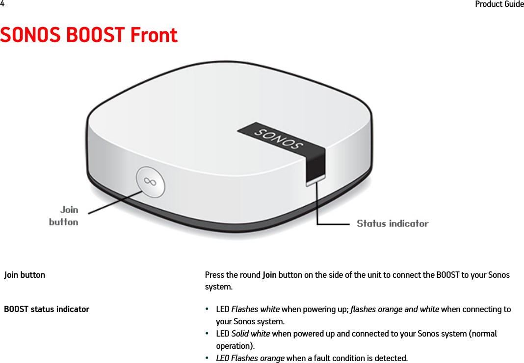 Product Guide4SONOS BOOST FrontJoin button Press the round Join button on the side of the unit to connect the BOOST to your Sonos system.BOOST status indicator •  LED Flashes white when powering up; flashes orange and white when connecting to your Sonos system.•  LED Solid white when powered up and connected to your Sonos system (normal operation).•  LED Flashes orange when a fault condition is detected. 
