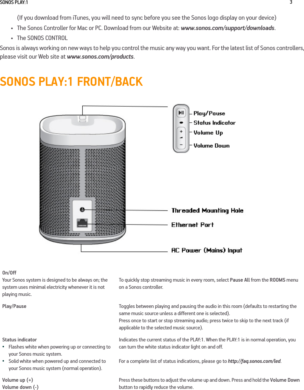 SONOS PLAY:1 3(If you download from iTunes, you will need to sync before you see the Sonos logo display on your device)•The Sonos Controller for Mac or PC. Download from our Website at: www.sonos.com/support/downloads.• The SONOS CONTROLSonos is always working on new ways to help you control the music any way you want. For the latest list of Sonos controllers, please visit our Web site at www.sonos.com/products.SONOS PLAY:1 FRONT/BACKOn/OffYour Sonos system is designed to be always on; the system uses minimal electricity whenever it is not playing music. To quickly stop streaming music in every room, select Pause All from the ROOMS menu on a Sonos controller. Play/Pause Toggles between playing and pausing the audio in this room (defaults to restarting the same music source unless a different one is selected).Press once to start or stop streaming audio; press twice to skip to the next track (if applicable to the selected music source).Status indicator •  Flashes white when powering up or connecting to your Sonos music system.•  Solid white when powered up and connected to your Sonos music system (normal operation).Indicates the current status of the PLAY:1. When the PLAY:1 is in normal operation, you can turn the white status indicator light on and off. For a complete list of status indications, please go to http://faq.sonos.com/led. Volume up (+)  Volume down (-)Press these buttons to adjust the volume up and down. Press and hold the Volume Down button to rapidly reduce the volume.