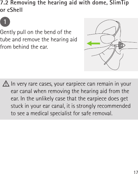 171Gently pull on the bend of the tube and remove the hearing aid from behind the ear. In very rare cases, your earpiece can remain in your ear canal when removing the hearing aid from the ear. In the unlikely case that the earpiece does get stuck in your ear canal, it is strongly recommended  to see a medical specialist for safe removal.7.2 Removing the hearing aid with dome, SlimTip  or cShell