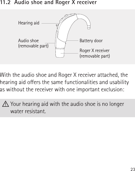 23With the audio shoe and Roger X receiver attached, the hearing aid oers the same functionalities and usability as without the receiver with one important exclusion:  Your hearing aid with the audio shoe is no longer water resistant.11.2  Audio shoe and Roger X receiverHearing aidAudio shoe (removable part)Battery doorRoger X receiver(removable part)