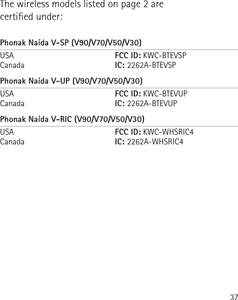 37The wireless models listed on page 2 are  certied under:Phonak Naída V-SP (V90/V70/V50/V30)USA      FCC ID: KWC-BTEVSP Canada      IC: 2262A-BTEVSPPhonak Naída V-UP (V90/V70/V50/V30)USA      FCC ID: KWC-BTEVUP Canada      IC: 2262A-BTEVUPPhonak Naída V-RIC (V90/V70/V50/V30)USA      FCC ID: KWC-WHSRIC4 Canada      IC: 2262A-WHSRIC4