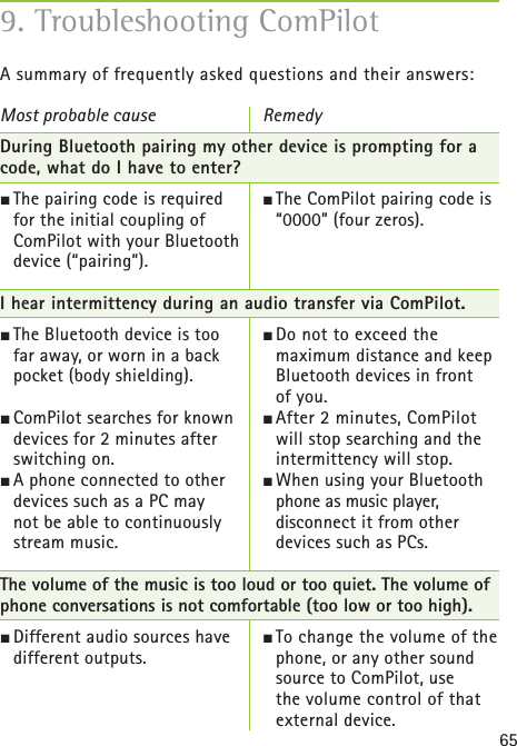 659. Troubleshooting ComPilotA summary of frequently asked questions and their answers:Most probable cause During Bluetooth pairing my other device is prompting for a code, what do I have to enter?½ The pairing code is required for the initial coupling of ComPilot with your Bluetooth device (“pairing”).  I hear intermittency during an audio transfer via ComPilot.½ The Bluetooth device is too far away, or worn in a back pocket (body shielding). ½ ComPilot searches for known devices for 2 minutes after switching on. ½ A phone connected to other devices such as a PC may not be able to continuously stream music.The volume of the music is too loud or too quiet. The volume of phone conversations is not comfortable (too low or too high).½ Different audio sources have different outputs.Remedy½ The ComPilot pairing code is “0000” (four zeros).½ Do not to exceed the maximum distance and keep Bluetooth devices in front of you.½ After 2 minutes, ComPilot will stop searching and the intermittency will stop. ½ When using your Bluetooth phone as music player, disconnect it from other devices such as PCs. ½ To change the volume of the phone, or any other sound source to ComPilot, use the volume control of that external device.