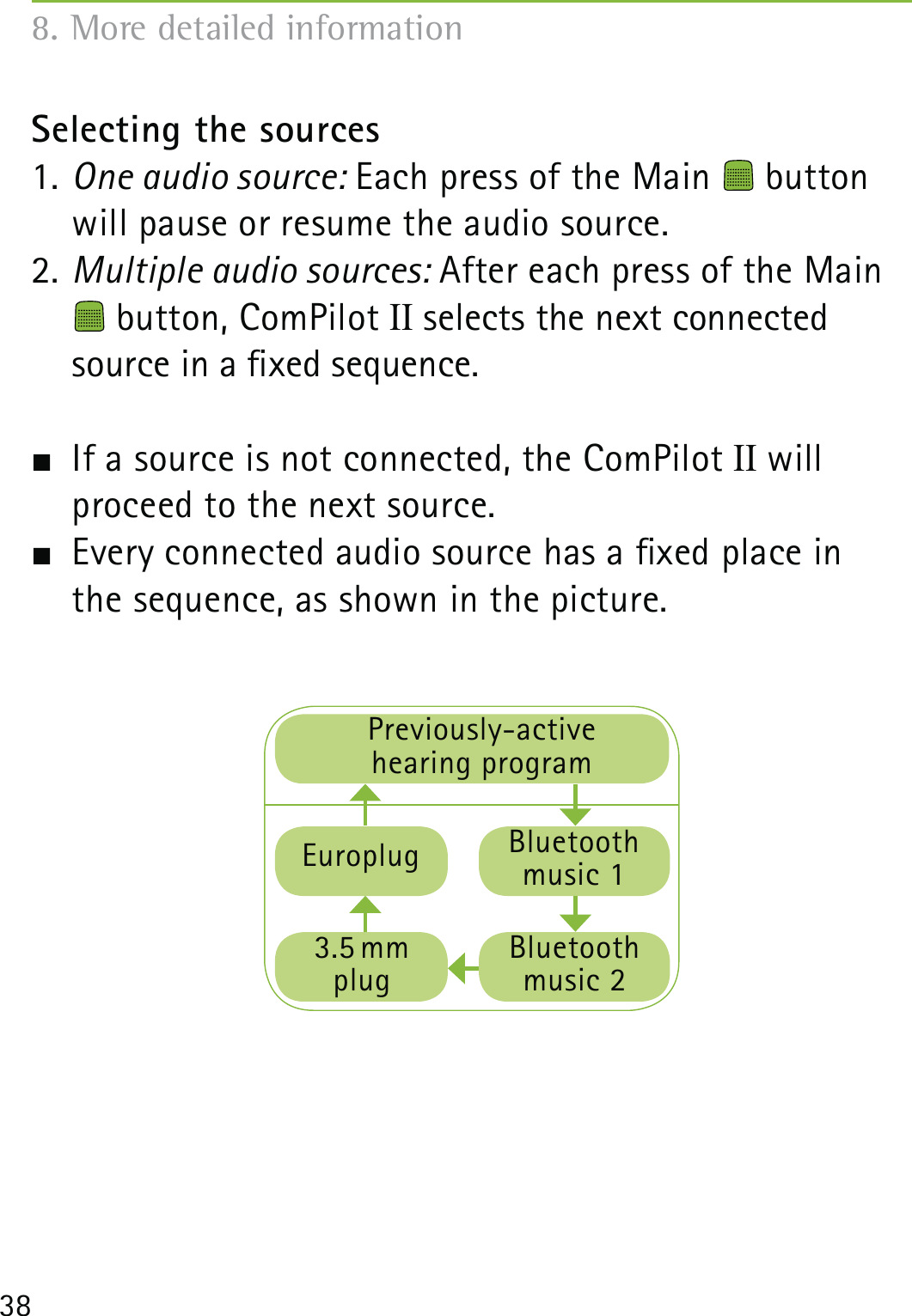 38Selecting the sources1. One audio source: Each press of the Main   button will pause or resume the audio source.2. Multiple audio sources: After each press of the Main   button, ComPilot II selects the next connected source in a xed sequence.  If a source is not connected, the ComPilot II will  proceed to the next source.  Every connected audio source has a xed place in  the sequence, as shown in the picture.8. More detailed informationPreviously-active hearing programEuroplug3.5 mmplugBluetooth music 1Bluetooth music 2