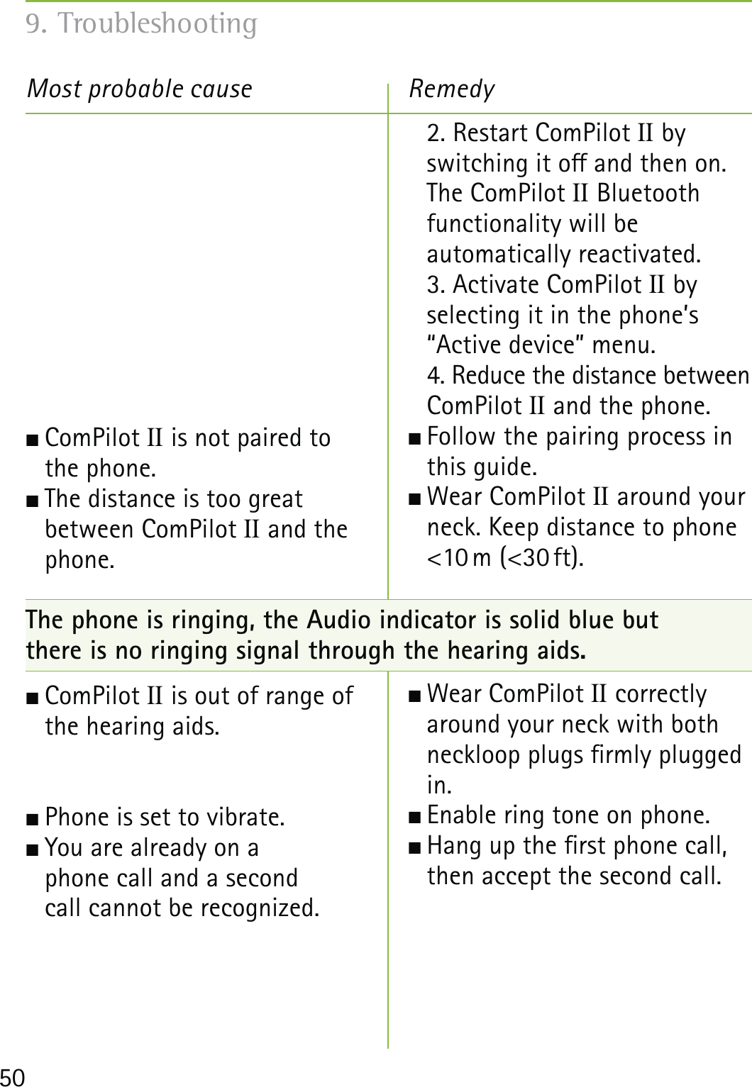 50Most probable cause Remedy ComPilot II is not paired to  the phone. The distance is too great  between ComPilot II and the  phone.The phone is ringing, the Audio indicator is solid blue but  there is no ringing signal through the hearing aids. ComPilot II is out of range of  the hearing aids. Phone is set to vibrate. You are already on a  phone call and a second  call cannot be recognized.  2. Restart ComPilot II by  switching it o and then on. The ComPilot II Bluetooth functionality will be  automatically reactivated.  3. Activate ComPilot II by  selecting it in the phone’s “Active device” menu.  4. Reduce the distance between ComPilot II and the phone. Follow the pairing process in this guide. Wear  ComPilot II around your neck. Keep distance to phone &lt;10 m  (&lt;30 ft). Wear ComPilot II correctly around your neck with both neckloop plugs rmly plugged in. Enable ring tone on phone. Hang up the rst phone call, then accept the second call. 9. Troubleshooting