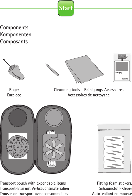  ComponentsKomponentenComposantsRoger for studio illustrationsOn0-10 cm0-4 inches2.1 Roger Earpiece 2.2 Detection paired device beep 2.3 Out of range 2.4 Inserting battery2.5 Close battery door 2.6 Connect with Base Station 2.7 Insert Earpiece in ear 2.8 Remove Earpiece2.9 Earpiece out of range 2.10 Pouch earpiece 2.11 Softwraps 2.12 Cleaning spray2.13 Cleaning cloth 2.14 Wax remover toolcinq-neuf 10.2015C&amp;C SprayRoger EarpieceRoger EarpieceRoger Earpiece0-10 cm0-4 inchesRoger EarpieceRoger EarpieceRoger EarpieceInput levelInput level…Roger Earpiece…Roger for studio illustrationsOn0-10 cm0-4 inches2.1 Roger Earpiece 2.2 Detection paired device beep 2.3 Out of range 2.4 Inserting battery2.5 Close battery door 2.6 Connect with Base Station 2.7 Insert Earpiece in ear 2.8 Remove Earpiece2.9 Earpiece out of range 2.10 Pouch earpiece 2.11 Softwraps 2.12 Cleaning spray2.13 Cleaning cloth 2.14 Wax remover toolcinq-neuf 10.2015C&amp;C SprayRoger EarpieceRoger EarpieceRoger Earpiece0-10 cm0-4 inchesRoger EarpieceRoger EarpieceRoger EarpieceInput levelInput level…Roger Earpiece…Roger for studio illustrationsOn0-10 cm0-4 inches2.1 Roger Earpiece 2.2 Detection paired device beep 2.3 Out of range 2.4 Inserting battery2.5 Close battery door 2.6 Connect with Base Station 2.7 Insert Earpiece in ear 2.8 Remove Earpiece2.9 Earpiece out of range 2.10 Pouch earpiece 2.11 Softwraps 2.12 Cleaning spray2.13 Cleaning cloth 2.14 Wax remover toolcinq-neuf 10.2015C&amp;C SprayRoger EarpieceRoger EarpieceRoger Earpiece0-10 cm0-4 inchesRoger EarpieceRoger EarpieceRoger EarpieceInput levelInput level…Roger Earpiece…Roger for studio illustrationsOn0-10 cm0-4 inches2.1 Roger Earpiece 2.2 Detection paired device beep 2.3 Out of range 2.4 Inserting battery2.5 Close battery door 2.6 Connect with Base Station 2.7 Insert Earpiece in ear 2.8 Remove Earpiece2.9 Earpiece out of range 2.10 Pouch earpiece 2.11 Softwraps 2.12 Cleaning spray2.13 Cleaning cloth 2.14 Wax remover toolcinq-neuf 10.2015C&amp;C SprayRoger EarpieceRoger EarpieceRoger Earpiece0-10 cm0-4 inchesRoger EarpieceRoger EarpieceRoger EarpieceInput levelInput level…Roger Earpiece…Roger for studio illustrationsOn0-10 cm0-4 inches2.1 Roger Earpiece 2.2 Detection paired device beep 2.3 Out of range 2.4 Inserting battery2.5 Close battery door 2.6 Connect with Base Station 2.7 Insert Earpiece in ear 2.8 Remove Earpiece2.9 Earpiece out of range 2.10 Pouch earpiece 2.11 Softwraps 2.12 Cleaning spray2.13 Cleaning cloth 2.14 Wax remover toolcinq-neuf 10.2015C&amp;C SprayRoger EarpieceRoger EarpieceRoger Earpiece0-10 cm0-4 inchesRoger EarpieceRoger EarpieceRoger EarpieceInput levelInput level…Roger Earpiece…Roger for studio illustrationsOn0-10 cm0-4 inches2.1 Roger Earpiece 2.2 Detection paired device beep 2.3 Out of range 2.4 Inserting battery2.5 Close battery door 2.6 Connect with Base Station 2.7 Insert Earpiece in ear 2.8 Remove Earpiece2.9 Earpiece out of range 2.10 Pouch earpiece 2.11 Softwraps 2.12 Cleaning spray2.13 Cleaning cloth 2.14 Wax remover toolcinq-neuf 10.2015C&amp;C SprayRoger EarpieceRoger EarpieceRoger Earpiece0-10 cm0-4 inchesRoger EarpieceRoger EarpieceRoger EarpieceInput levelInput level…Roger Earpiece…RogerEarpieceCleanning tools – Reinigungs-AccessoiresAccessoires de nettoyageTransport pouch with expendable items Transport-Etui mit Verbrauchsmaterialien Trousse de transport avec consommablesFitting foam stickers, Schaumsto -KleberAuto-collant en mousse