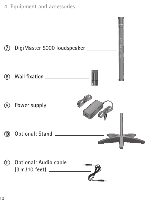 105  DigiMaster 5000 loudspeaker 6  Wall ﬁ xation  7  Power supply 8  Optional: Stand 9  Optional: Audio cable   (3 m/10 feet)  4. Equipment and accessories
