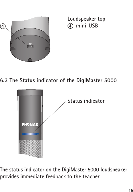 15Loudspeaker top2  mini-USB 6.3 The Status indicator of the DigiMaster 5000The status indicator on the DigiMaster 5000 loudspeaker provides immediate feedback to the teacher.  2Status indicator