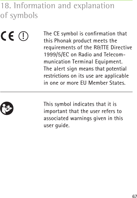 6718. Information and explanation of symbols The CE symbol is conﬁ rmation that this Phonak product meets the requirements of the R&amp;TTE Directive 1999/5/EC on Radio and Telecom-munication Terminal Equipment. The alert sign means that potential restrictions on its use are applicable in one or more EU Member States. This symbol indicates that it is important that the user refers to associated warnings given in this user guide. !