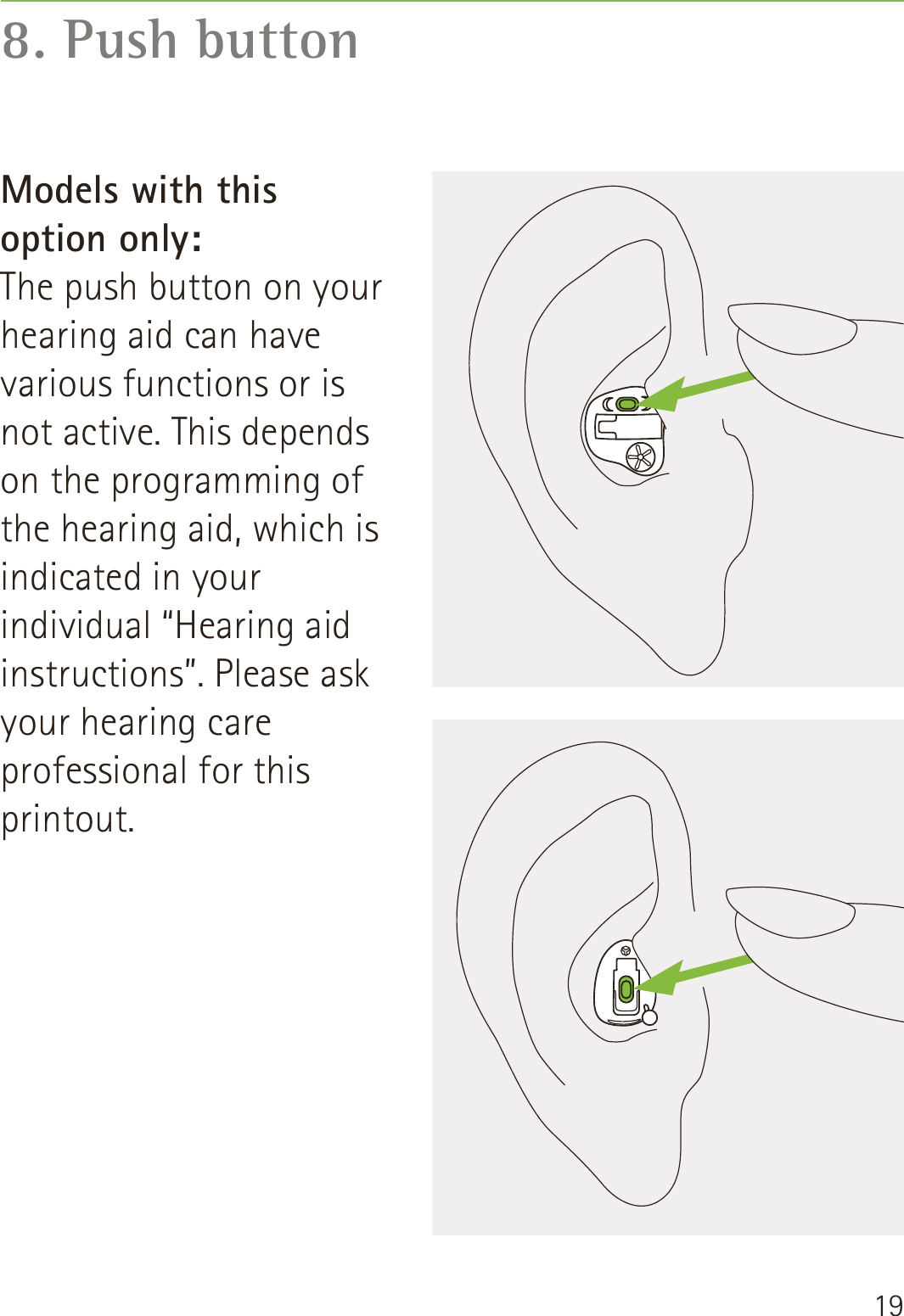 198. Push buttonModels with this  option only: The push button on your hearing aid can have various functions or is not active. This depends on the programming of the hearing aid, which is indicated in your individual “Hearing aid instructions”. Please ask your hearing care professional for this printout.