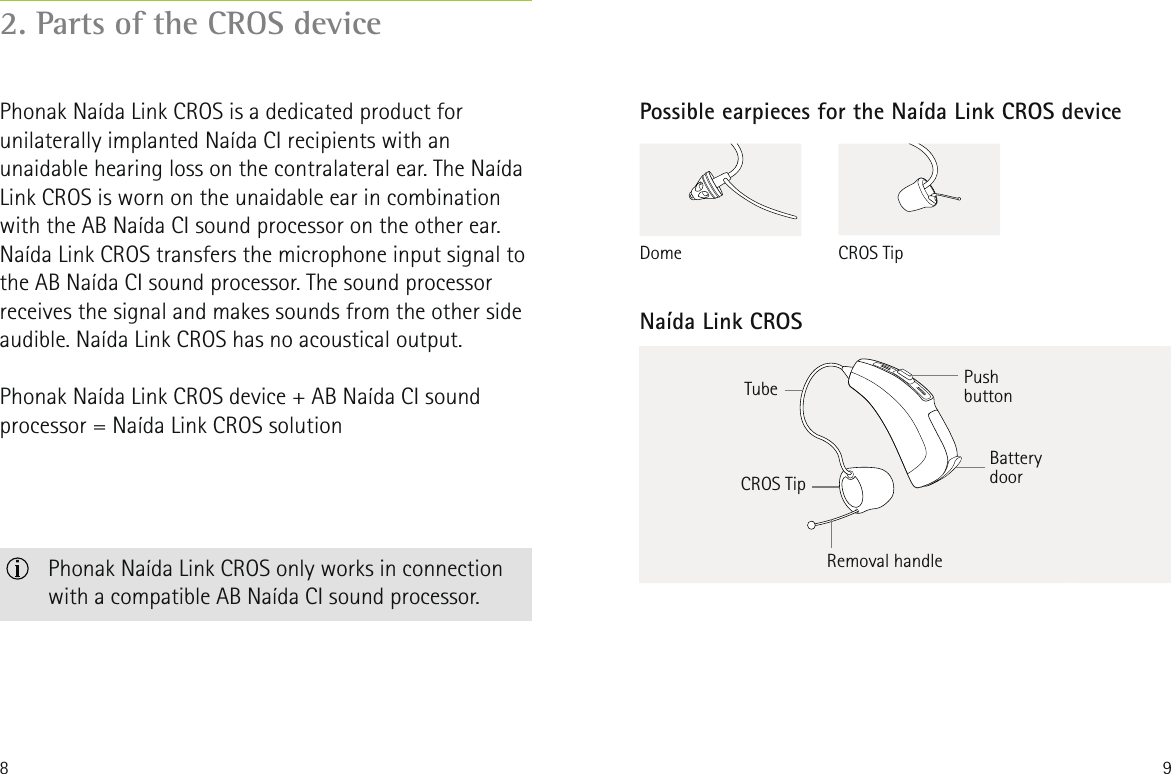 8 92. Parts of the CROS devicePhonak Naída Link CROS is a dedicated product for unilaterally implanted Naída CI recipients with an unaidable hearing loss on the contralateral ear. The Naída Link CROS is worn on the unaidable ear in combination with the AB Naída CI sound processor on the other ear. Naída Link CROS transfers the microphone input signal to the AB Naída CI sound processor. The sound processor receives the signal and makes sounds from the other side audible. Naída Link CROS has no acoustical output. Phonak Naída Link CROS device + AB Naída CI sound processor = Naída Link CROS solutionPossible earpieces for the Naída Link CROS deviceCROS TipPush buttonNaída Link CROSTubeRemoval handleBattery doorDome CROS Tip   Phonak Naída Link CROS only works in connection with a compatible AB Naída CI sound processor.