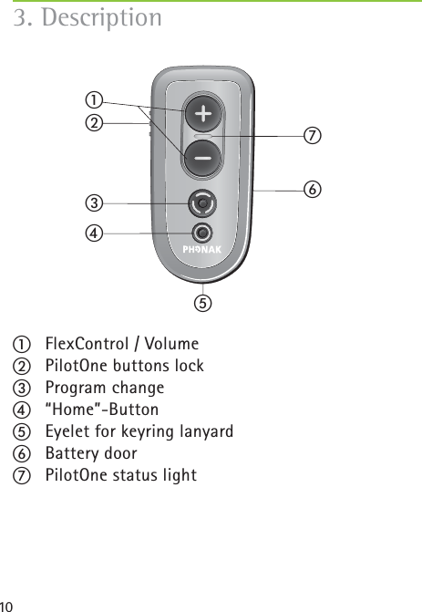 10ቢ  FlexControl / Volume ባ  PilotOne buttons lockቤ Program changeብ “Home”-Buttonቦ  Eyelet for keyring lanyardቧ Battery door ቨ  PilotOne status light3. Descriptionባቢቨቦብቤቧ