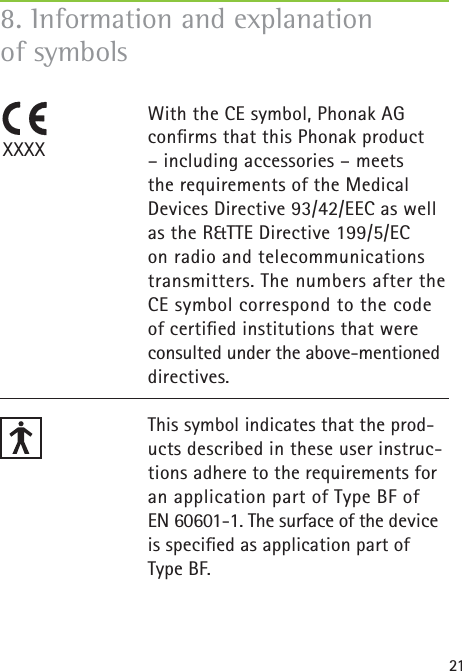 218. Information and explanation of symbols With the CE symbol, Phonak AG conﬁ rms that this Phonak product – including accessories – meets the requirements of the Medical Devices Directive 93/42/EEC as well as the R&amp;TTE Directive 199/5/EC on radio and telecommunications transmitters. The numbers after the CE symbol correspond to the code of certiﬁ ed institutions that were consulted under the above-mentioned directives.This symbol indicates that the prod-ucts described in these user instruc-tions adhere to the requirements for an application part of Type BF of EN 60601-1. The surface of the device is speciﬁ ed as application part of Type BF.XXXX