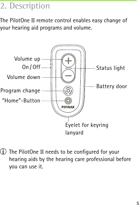 5The PilotOne II remote control enables easy change of your hearing aid programs and volume.  The PilotOne II needs to be congured for your  hearing aids by the hearing care professional before you can use it.2. DescriptionOn / OffVolume upStatus lightEyelet for keyring lanyard“Home”-ButtonProgram changeVolume downBattery door