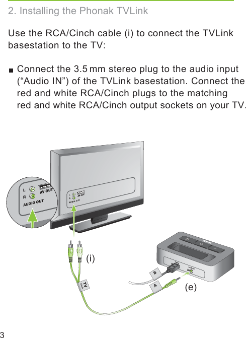 3Use the RCA/Cinch cable (i) to connect the TVLink basestation to the TV: Connect the 3.5 mm stereo plug to the audio input (“Audio IN”) of the TVLink basestation. Connect the red and white RCA/Cinch plugs to the matching red and white RCA/Cinch output sockets on your TV.(e)(i)2. Installing the Phonak TVLink