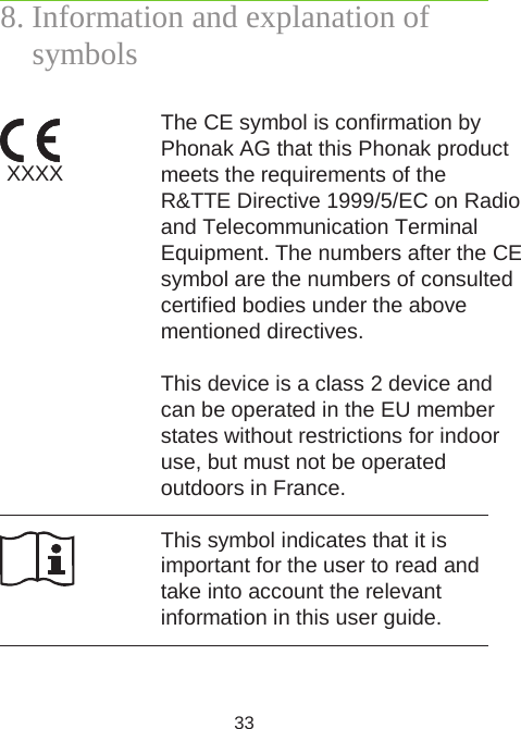 33XXXXThis symbol indicates that it is  important for the user to read and take into account the relevant  information in this user guide.The CE symbol is confirmation by Phonak AG that this Phonak product meets the requirements of the R&amp;TTE Directive 1999/5/EC on Radio and Telecommunication Terminal Equipment. The numbers after the CE symbol are the numbers of consulted certified bodies under the above mentioned directives. This device is a class 2 device and can be operated in the EU member states without restrictions for indoor use, but must not be operated  outdoors in France. 8. Information and explanation of symbols 