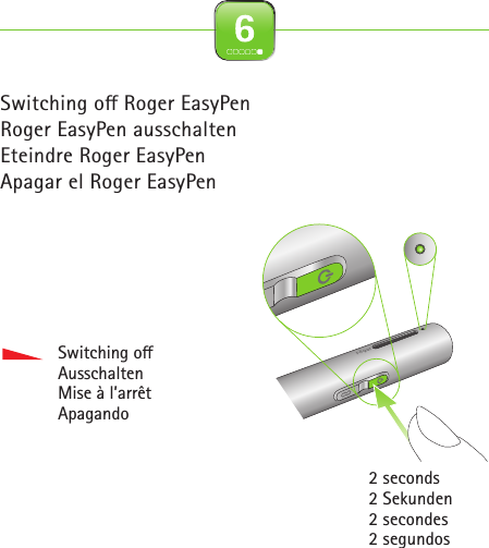 Switching oﬀ  Roger EasyPenRoger EasyPen ausschaltenEteindre Roger EasyPen Apagar el Roger EasyPenSwitching oﬀ AusschaltenMise à l’arrêtApagando2 seconds2 Sekunden2 secondes2 segundos 