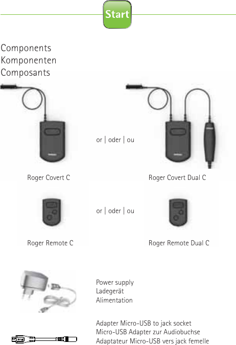  ComponentsKomponentenComposants  Roger Covert C  Roger Covert Dual CPower supplyLadegerätAlimentationAdapter Micro-USB to jack socketMicro-USB Adapter zur AudiobuchseAdaptateur Micro-USB vers jack femelleor | oder | ouor | oder | ou  Roger Remote C  Roger Remote Dual C   