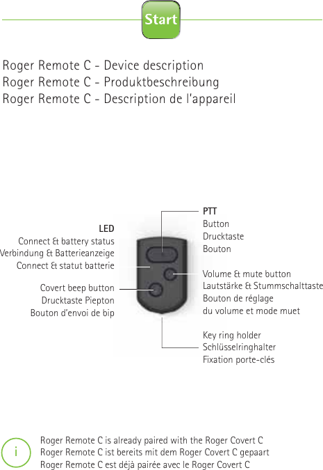  Roger Remote C - Device descriptionRoger Remote C - ProduktbeschreibungRoger Remote C - Description de l’appareilKey ring holderSchlüsselringhalterFixation porte-clésPTTButtonDrucktasteBoutonLEDConnect &amp; battery statusVerbindung &amp; BatterieanzeigeConnect &amp; statut batterie Volume &amp; mute buttonLautstärke &amp; StummschalttasteBouton de réglage du volume et mode muetCovert beep buttonDrucktaste PieptonBouton d’envoi de bipRoger Remote C is already paired with the Roger Covert CRoger Remote C ist bereits mit dem Roger Covert C gepaartRoger Remote C est déjà pairée avec le Roger Covert Ci