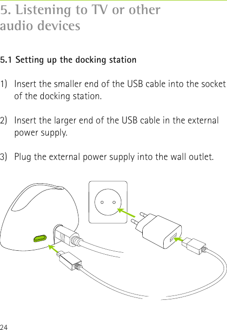 245. Listening to TV or other  audio devices5.1 Setting up the docking station1)   Insert the smaller end of the USB cable into the socket of the docking station.2)   Insert the larger end of the USB cable in the external power supply. 3)   Plug the external power supply into the wall outlet. 