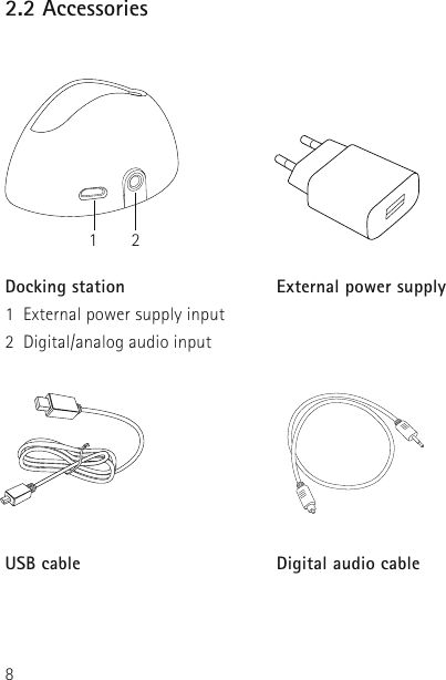 82.2 AccessoriesDocking station        External power supply1  External power supply input2  Digital/analog audio inputUSB cable         Digital audio cable1 2