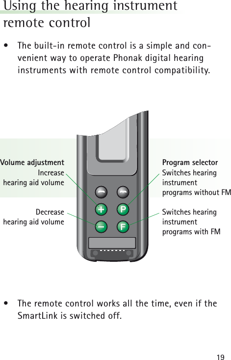 19Using the hearing instrument remote control •The built-in remote control is a simple and con-venient way to operate Phonak digital hearing instruments with remote control compatibility. •The remote control works all the time, even if theSmartLink is switched off.Program selectorSwitches hearing instrument programs without FMSwitches hearing instrument programs with FMVolume adjustmentIncrease hearing aid volumeDecrease hearing aid volume