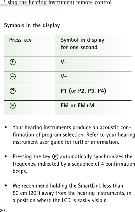20Using the hearing instrument remote controlSymbols in the display•Your hearing instruments produce an acoustic con-firmation of program selection. Refer to your hearinginstrument user guide for further information.•Pressing the key      automatically synchronizes thefrequency, indicated by a sequence of 4 confirmationbeeps.•We recommend holding the SmartLink less than 50 cm (20&quot;) away from the hearing instruments, in a position where the LCD is easily visible.Press key Symbol in display for one second V+V-P1 (or P2, P3, P4)FM or FM+MPF–+F