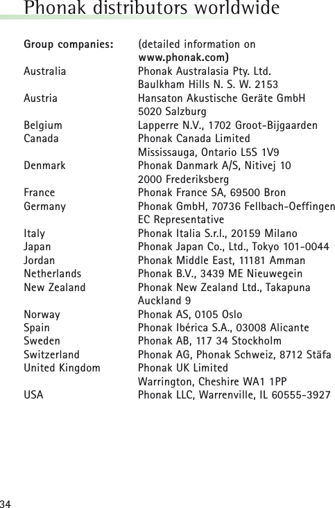 Phonak distributors worldwideGroup companies: (detailed information on  www.phonak.com)Australia Phonak Australasia Pty. Ltd. Baulkham Hills N. S. W. 2153Austria Hansaton Akustische Geräte GmbH5020 SalzburgBelgium Lapperre N.V., 1702 Groot-BijgaardenCanada Phonak Canada LimitedMississauga, Ontario L5S 1V9Denmark Phonak Danmark A/S, Nitivej 102000 FrederiksbergFrance Phonak France SA, 69500 BronGermany Phonak GmbH, 70736 Fellbach-Oeffingen EC RepresentativeItaly Phonak Italia S.r.l., 20159 MilanoJapan Phonak Japan Co., Ltd., Tokyo 101-0044Jordan Phonak Middle East, 11181 AmmanNetherlands Phonak B.V., 3439 ME NieuwegeinNew Zealand Phonak New Zealand Ltd., TakapunaAuckland 9Norway Phonak AS, 0105 OsloSpain Phonak Ibérica S.A., 03008 AlicanteSweden Phonak AB, 117 34 StockholmSwitzerland Phonak AG, Phonak Schweiz, 8712 StäfaUnited Kingdom Phonak UK LimitedWarrington, Cheshire WA1 1PPUSA Phonak LLC, Warrenville, IL 60555-392734