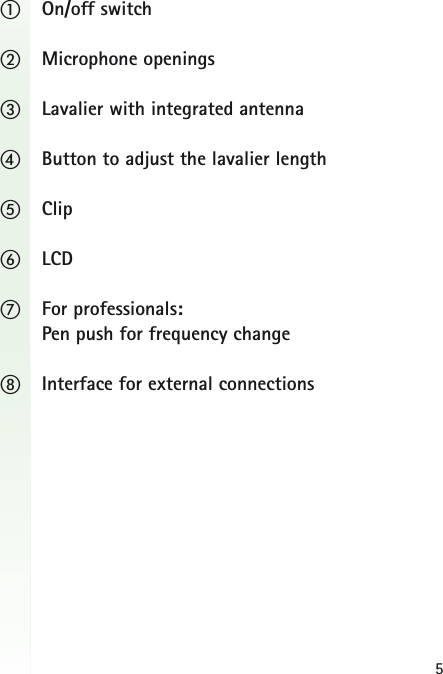 5ቢOn/off switchባMicrophone openingsቤLavalier with integrated antennaብButton to adjust the lavalier length ቦClipቧLCD ቨFor professionals: Pen push for frequency changeቩInterface for external connections