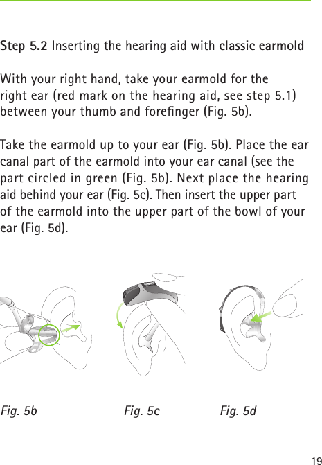 19Step 5.2 Inserting the hearing aid with classic earmoldWith your right hand, take your earmold for the  right ear (red mark on the hearing aid, see step 5.1)  between your thumb and foreﬁnger (Fig. 5b).Take the earmold up to your ear (Fig. 5b). Place the ear canal part of the earmold into your ear canal (see the part circled in green (Fig. 5b). Next place the hearing aid behind your ear (Fig. 5c). Then insert the upper part of the earmold into the upper part of the bowl of your ear (Fig. 5d). Fig. 5b Fig. 5dFig. 5c 