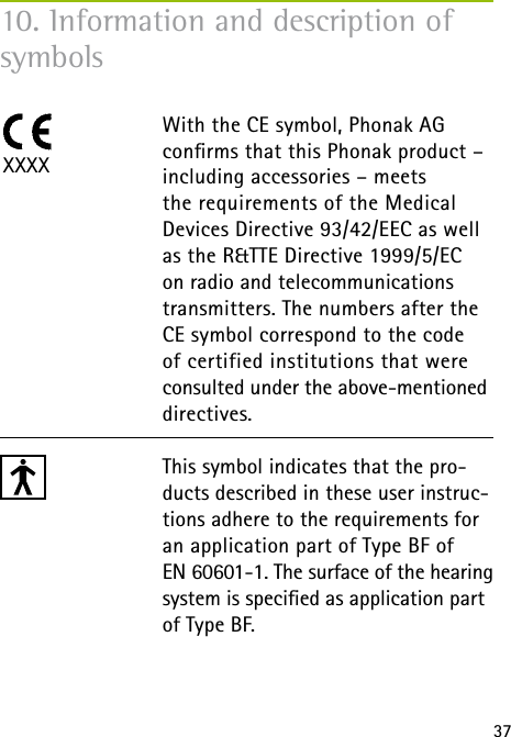 37With the CE symbol, Phonak AG conﬁrms that this Phonak product – including accessories – meets  the requirements of the Medical Devices Directive 93/42/EEC as well as the R&amp;TTE Directive 1999/5/EC on radio and telecommunications transmitters. The numbers after the CE symbol correspond to the code of certified institutions that were consulted under the above-mentioned directives. This symbol indicates that the pro-ducts described in these user instruc-tions adhere to the requirements for an application part of Type BF of  EN 60601-1. The surface of the hearing system is speciﬁed as application part of Type BF.XXXX10. Information and description of symbols