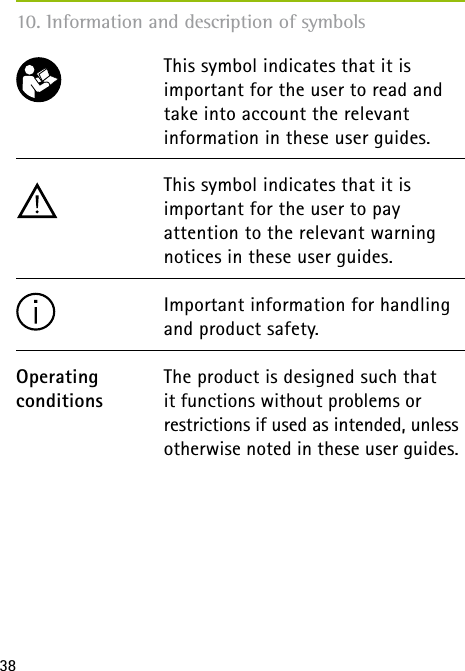38This symbol indicates that it is  important for the user to read and take into account the relevant  information in these user guides.This symbol indicates that it is  important for the user to pay  attention to the relevant warning notices in these user guides.Important information for handling and product safety.The product is designed such that  it functions without problems or  restrictions if used as intended, unless otherwise noted in these user guides.Operating conditions10. Information and description of symbols