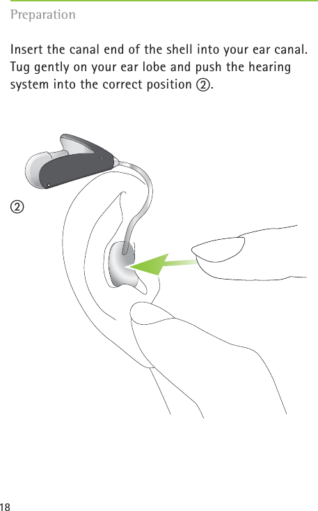 18PreparationInsert the canal end of the shell into your ear canal.Tug gently on your ear lobe and push the hearing system into the correct position ባ.ባ
