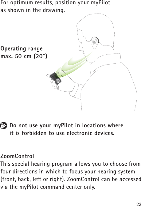 23For optimum results, position your myPilot as shown in the drawing.Do not use your myPilot in locations where it is forbidden to use electronic devices. ZoomControlThis special hearing program allows you to choose fromfour directions in which to focus your hearing system(front, back, left or right). ZoomControl can be accessedvia the myPilot command center only.Operating range max. 50 cm (20”)