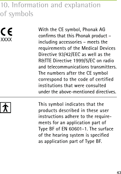 4310. Information and explanation  of symbolsWith the CE symbol, Phonak AG conﬁrms that this Phonak product – including accessories – meets the requirements of the Medical Devices Directive 93/42/EEC as well as the R&amp;TTE Directive 1999/5/EC on radio and telecommunications transmitters. The numbers after the CE symbol correspond to the code of certified institutions that were consulted  under the above-mentioned directives. This symbol indicates that the products described in these user instructions adhere to the require-ments for an application part of  Type BF of EN 60601-1. The surface of the hearing system is speciﬁed as application part of Type BF.XXXX