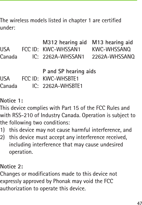 47The wireless models listed in chapter 1 are certified under:  M312 hearing aid   M13 hearing aid USA        FCC ID:  KWC-WHSSAN1  KWC-WHSSANQ Canada          IC:  2262A-WHSSAN1  2262A-WHSSANQ  P and SP hearing aids USA        FCC ID:  KWC-WHSBTE1 Canada          IC:  2262A-WHSBTE1Notice 1: This device complies with Part 15 of the FCC Rules and with RSS-210 of Industry Canada. Operation is subject to the following two conditions:1)  this device may not cause harmful interference, and2)  this device must accept any interference received, including interference that may cause undesired operation. Notice 2: Changes or modifications made to this device not expressly approved by Phonak may void the FCC authorization to operate this device.