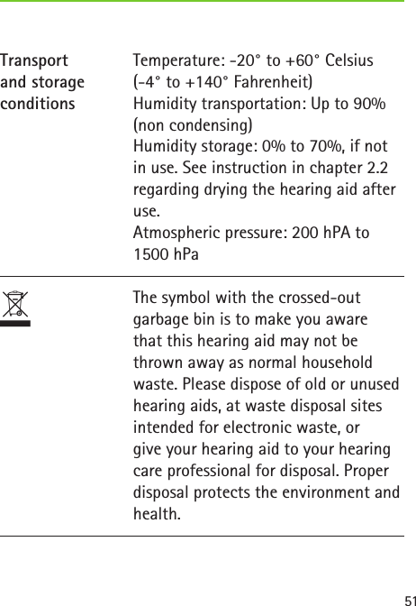 51Temperature: -20° to +60° Celsius  (-4° to +140° Fahrenheit) Humidity transportation: Up to 90% (non condensing) Humidity storage: 0% to 70%, if not in use. See instruction in chapter 2.2 regarding drying the hearing aid after use. Atmospheric pressure: 200 hPA to 1500 hPaThe symbol with the crossed-out garbage bin is to make you aware that this hearing aid may not be thrown away as normal household waste. Please dispose of old or unused hearing aids, at waste disposal sites intended for electronic waste, or give your hearing aid to your hearing care professional for disposal. Proper disposal protects the environment and health.Transport and storage conditionsT