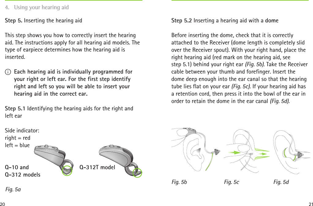 20 21Q-10 andQ-312 modelsQ-312T modelFig. 5b Fig. 5c Fig. 5dFig. 5aStep 5. Inserting the hearing aidThis step shows you how to correctly insert the hearing aid. The instructions apply for all hearing aid models. The type of earpiece determines how the hearing aid is inserted. I Each hearing aid is individually programmed for your right or left ear. For the first step identify right and left so you will be able to insert your hearing aid in the correct ear.Step 5.1 Identifying the hearing aids for the right and left earSide indicator:  right = red left = blue Step 5.2 Inserting a hearing aid with a domeBefore inserting the dome, check that it is correctly attached to the Receiver (dome length is completely slid over the Receiver spout). With your right hand, place the right hearing aid (red mark on the hearing aid, see step5.1) behind your right ear (Fig. 5b). Take the Receiver cable between your thumb and forefinger. Insert the dome deep enough into the ear canal so that the hearing tube lies flat on your ear (Fig. 5c). If your hearing aid has a retention cord, then press it into the bowl of the ear in order to retain the dome in the ear canal (Fig. 5d).4.  Using your hearing aid