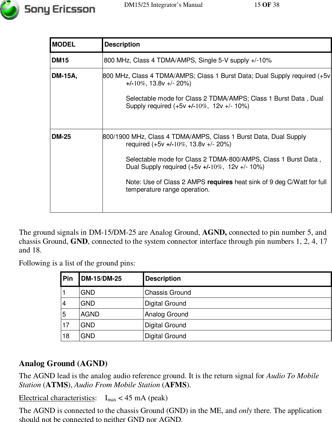 DM15/25 Integrator’s Manual 15 OF 38MODEL DescriptionDM15 800 MHz, Class 4 TDMA/AMPS, Single 5-V supply +/-10%DM-15A, 800 MHz, Class 4 TDMA/AMPS; Class 1 Burst Data; Dual Supply required (+5v+/-10%, 13.8v +/- 20%)Selectable mode for Class 2 TDMA/AMPS; Class 1 Burst Data , DualSupply required (+5v +/-10%,  12v +/- 10%)DM-25 800/1900 MHz, Class 4 TDMA/AMPS, Class 1 Burst Data, Dual Supplyrequired (+5v +/-10%, 13.8v +/- 20%)Selectable mode for Class 2 TDMA-800/AMPS, Class 1 Burst Data ,Dual Supply required (+5v +/-10%,  12v +/- 10%)Note: Use of Class 2 AMPS requires heat sink of 9 deg C/Watt for fulltemperature range operation.The ground signals in DM-15/DM-25 are Analog Ground, AGND, connected to pin number 5, andchassis Ground, GND, connected to the system connector interface through pin numbers 1, 2, 4, 17and 18.Following is a list of the ground pins:Pin DM-15/DM-25 Description1GND Chassis Ground4GND Digital Ground5AGND Analog Ground17 GND Digital Ground18 GND Digital GroundAnalog Ground (AGND)The AGND lead is the analog audio reference ground. It is the return signal for Audio To MobileStation (ATMS), Audio From Mobile Station (AFMS).Electrical characteristics:    Imax &lt; 45 mA (peak)The AGND is connected to the chassis Ground (GND) in the ME, and only there. The applicationshould not be connected to neither GND nor AGND.