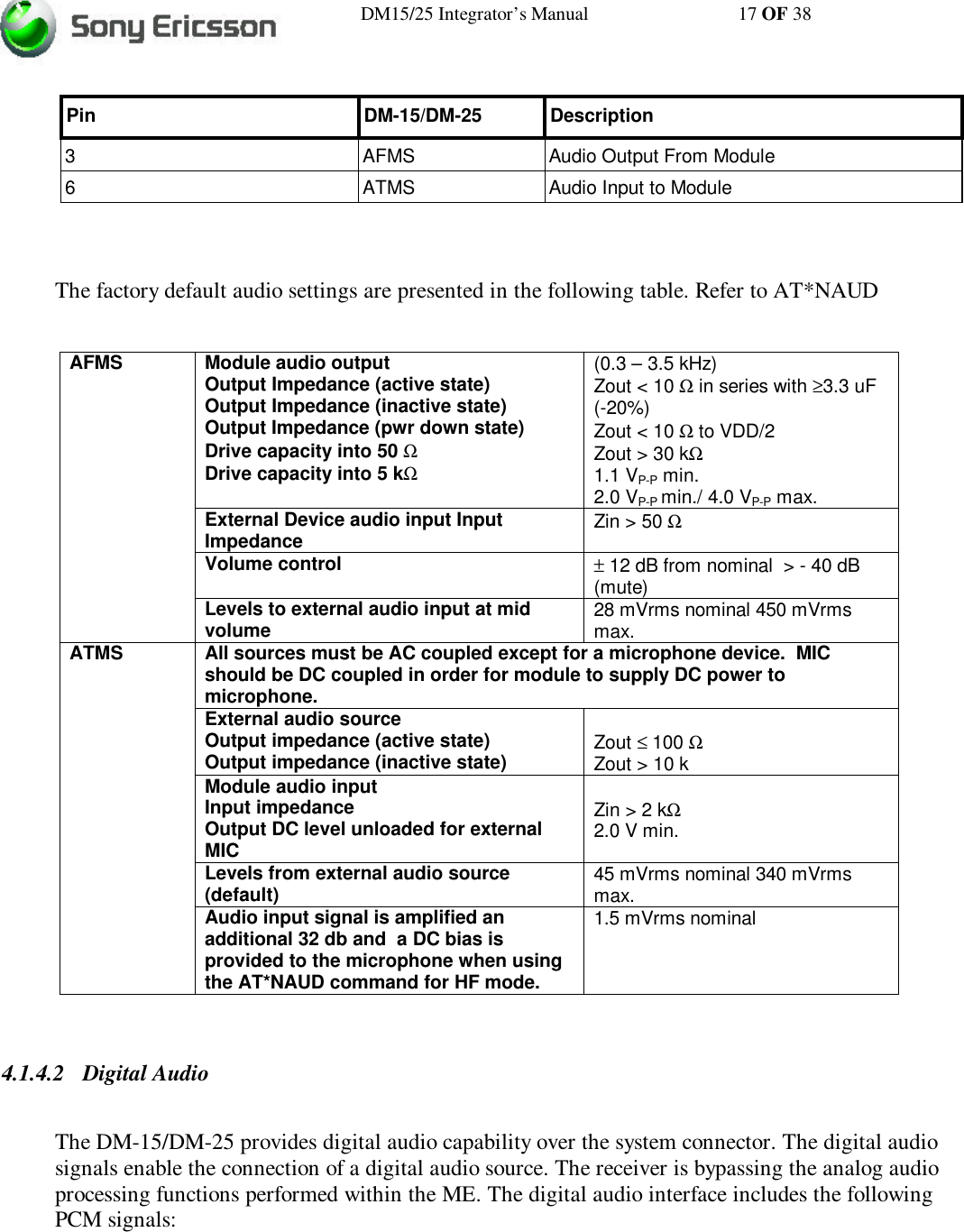 DM15/25 Integrator’s Manual 17 OF 38Pin DM-15/DM-25 Description3AFMS Audio Output From Module6ATMS Audio Input to ModuleThe factory default audio settings are presented in the following table. Refer to AT*NAUDModule audio outputOutput Impedance (active state)Output Impedance (inactive state)Output Impedance (pwr down state)Drive capacity into 50 ΩDrive capacity into 5 kΩ(0.3 – 3.5 kHz)Zout &lt; 10 Ω in series with ≥3.3 uF(-20%)Zout &lt; 10 Ω to VDD/2Zout &gt; 30 kΩ1.1 VP-P min.2.0 VP-P min./ 4.0 VP-P max.External Device audio input InputImpedance Zin &gt; 50 ΩVolume control ± 12 dB from nominal  &gt; - 40 dB(mute)AFMSLevels to external audio input at midvolume 28 mVrms nominal 450 mVrmsmax.All sources must be AC coupled except for a microphone device.  MICshould be DC coupled in order for module to supply DC power tomicrophone.External audio sourceOutput impedance (active state)Output impedance (inactive state) Zout ≤ 100 ΩZout &gt; 10 kModule audio inputInput impedanceOutput DC level unloaded for externalMICZin &gt; 2 kΩ2.0 V min.Levels from external audio source(default) 45 mVrms nominal 340 mVrmsmax.ATMSAudio input signal is amplified anadditional 32 db and  a DC bias isprovided to the microphone when usingthe AT*NAUD command for HF mode.1.5 mVrms nominal4.1.4.2 Digital AudioThe DM-15/DM-25 provides digital audio capability over the system connector. The digital audiosignals enable the connection of a digital audio source. The receiver is bypassing the analog audioprocessing functions performed within the ME. The digital audio interface includes the followingPCM signals:
