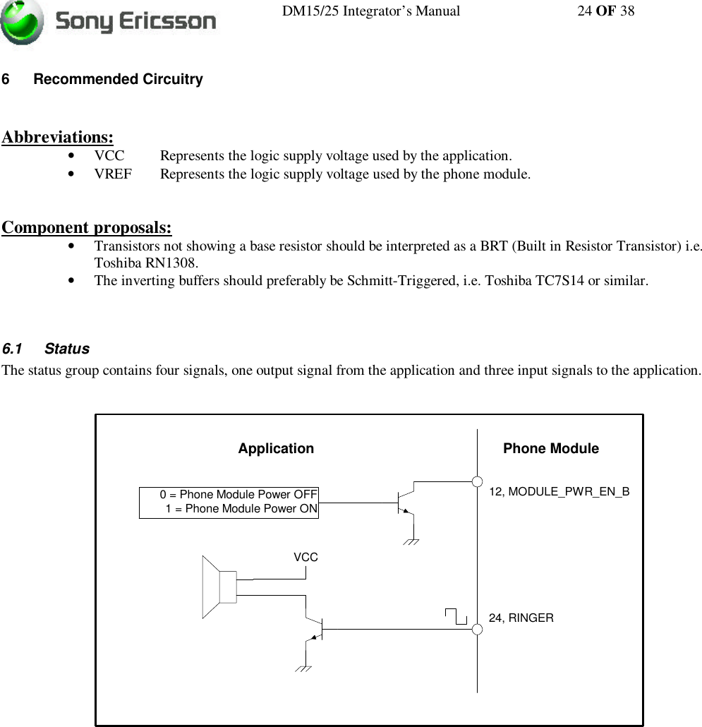 DM15/25 Integrator’s Manual 24 OF 386 Recommended CircuitryAbbreviations:• VCC  Represents the logic supply voltage used by the application.• VREF Represents the logic supply voltage used by the phone module.Component proposals:• Transistors not showing a base resistor should be interpreted as a BRT (Built in Resistor Transistor) i.e.Toshiba RN1308.• The inverting buffers should preferably be Schmitt-Triggered, i.e. Toshiba TC7S14 or similar.6.1 StatusThe status group contains four signals, one output signal from the application and three input signals to the application.Phone ModuleApplication12, MODULE_PWR_EN_B0 = Phone Module Power OFF1 = Phone Module Power ON24, RINGERVCC