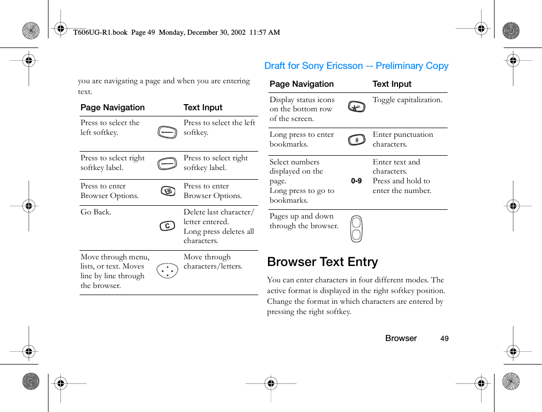                     Draft for Sony Ericsson -- Preliminary Copy                                                        Browser          49you are navigating a page and when you are entering text.Browser Text EntryYou can enter characters in four different modes. The active format is displayed in the right softkey position. Change the format in which characters are entered by pressing the right softkey.Page Navigation Text InputPress to select the left softkey.Press to select the left softkey.Press to select right softkey label.Press to select right softkey label.Press to enter Browser Options.Press to enter Browser Options.Go Back. Delete last character/letter entered.Long press deletes all characters.Move through menu, lists, or text. Moves line by line through the browser. Move through characters/letters.Display status icons on the bottom row of the screen.Toggle capitalization.Long press to enter bookmarks.Enter punctuation characters.Select numbers displayed on the page.Long press to go to bookmarks.0-9Enter text and characters.Press and hold to enter the number.Pages up and down through the browser.Page Navigation Text Input*#T606UG-R1.book  Page 49  Monday, December 30, 2002  11:57 AM