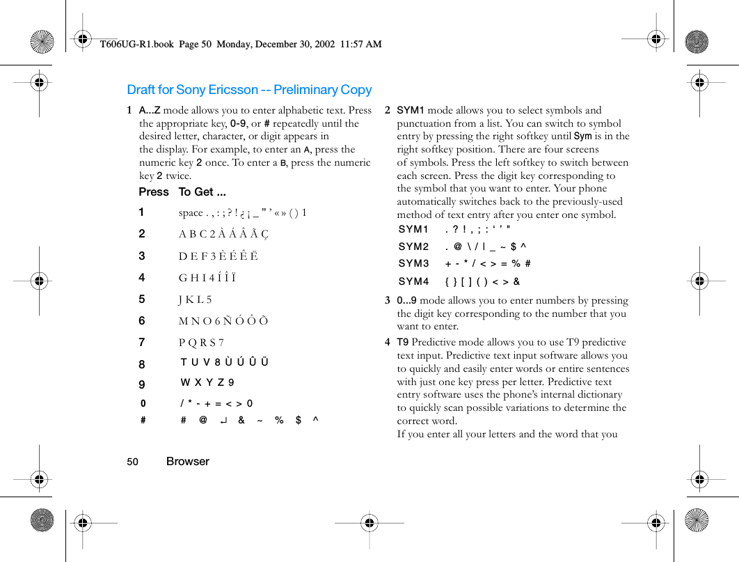 Draft for Sony Ericsson -- Preliminary Copy                                                                                                                   50          Browser                                     1  A...Z mode allows you to enter alphabetic text. Press the appropriate key, 0-9, or # repeatedly until the desired letter, character, or digit appears in the display. For example, to enter an A, press the numeric key 2 once. To enter a B, press the numeric key 2 twice. 2  SYM1 mode allows you to select symbols and punctuation from a list. You can switch to symbol entry by pressing the right softkey until Sym is in the right softkey position. There are four screens of symbols. Press the left softkey to switch between each screen. Press the digit key corresponding to the symbol that you want to enter. Your phone automatically switches back to the previously-used method of text entry after you enter one symbol.3  0...9 mode allows you to enter numbers by pressing the digit key corresponding to the number that you want to enter.4  T9 Predictive mode allows you to use T9 predictive text input. Predictive text input software allows you to quickly and easily enter words or entire sentences with just one key press per letter. Predictive text entry software uses the phone’s internal dictionary to quickly scan possible variations to determine the correct word.If you enter all your letters and the word that you Press To Get ...1space . , : ; ? ! ¿ ¡ _ &quot; ’ « » ( ) 12A B C 2 À Á Â Ã Ç3D E F 3 È É Ê Ë4G H I 4 Í Î Ï5J K L 56M N O 6 Ñ Ó Ô Õ7P Q R S 78T U V 8 Ù Ú Û Ü9W X Y Z 9 0/ * - + = &lt; &gt; 0##@↵&amp;~%$^SYM1 . ? ! , ; : ‘ ’ &quot; SYM2 . @ \ / | _ ~ $ ^SYM3 + - * / &lt; &gt; = % #SYM4 { } [ ] ( ) &lt; &gt; &amp;T606UG-R1.book  Page 50  Monday, December 30, 2002  11:57 AM