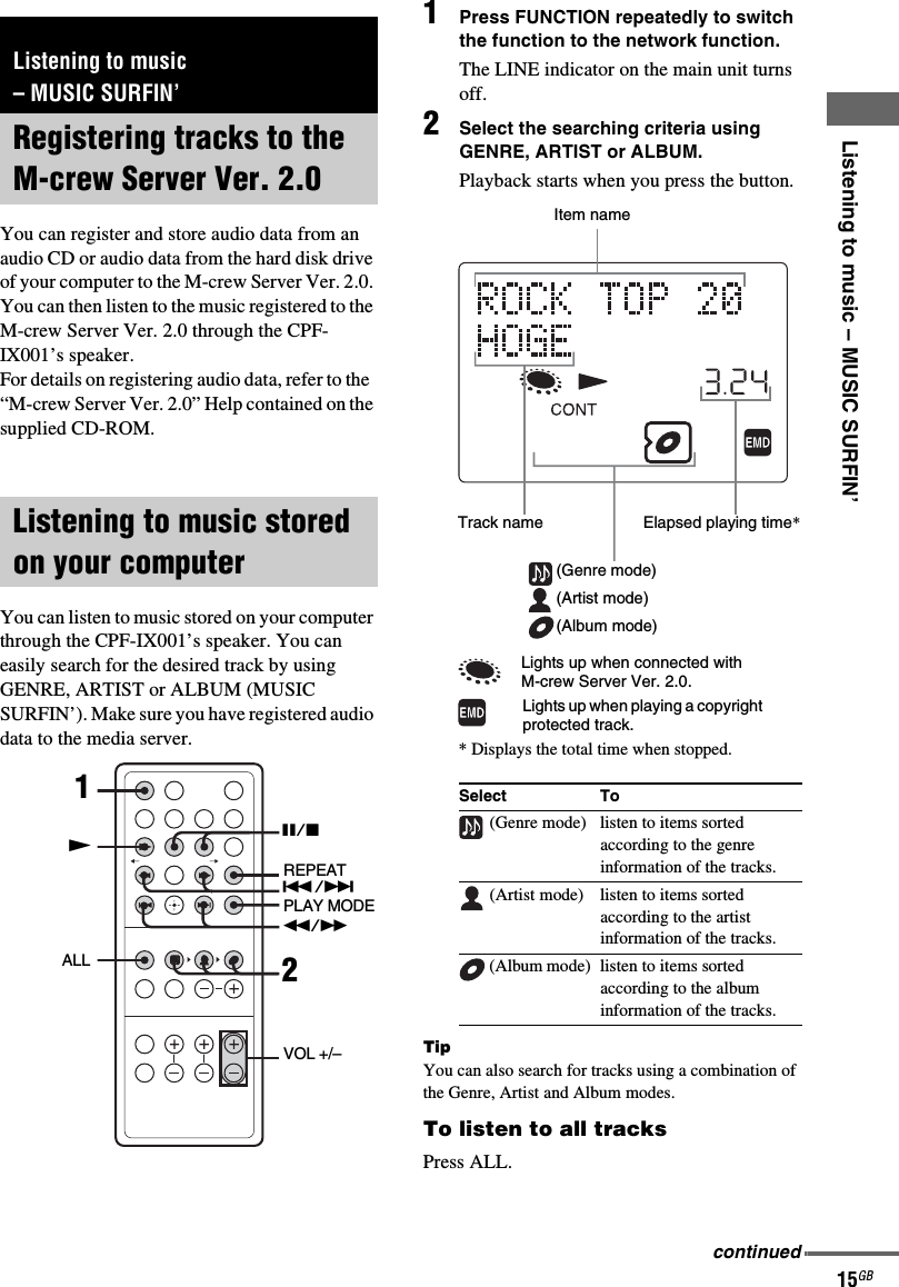 Listening to music – MUSIC SURFIN’15GBYou can register and store audio data from an audio CD or audio data from the hard disk drive of your computer to the M-crew Server Ver. 2.0. You can then listen to the music registered to the M-crew Server Ver. 2.0 through the CPF-IX001’s speaker.For details on registering audio data, refer to the  “M-crew Server Ver. 2.0” Help contained on the supplied CD-ROM.You can listen to music stored on your computer through the CPF-IX001’s speaker. You can easily search for the desired track by using GENRE, ARTIST or ALBUM (MUSIC SURFIN’). Make sure you have registered audio data to the media server.1Press FUNCTION repeatedly to switch the function to the network function.The LINE indicator on the main unit turns off.2Select the searching criteria using GENRE, ARTIST or ALBUM.Playback starts when you press the button.TipYou can also search for tracks using a combination of the Genre, Artist and Album modes.To listen to all tracksPress ALL.Listening to music– MUSIC SURFIN’Registering tracks to the M-crew Server Ver. 2.0Listening to music stored on your computer12NVOL +/–./&gt;m/MREPEATALLX/xPLAY MODESelect To (Genre mode) listen to items sorted according to the genre information of the tracks. (Artist mode) listen to items sorted according to the artist information of the tracks. (Album mode) listen to items sorted according to the album information of the tracks.(Album mode)(Artist mode)Item name(Genre mode)Track name Elapsed playing time*Lights up when connected with M-crew Server Ver. 2.0.*Displays the total time when stopped.Lights up when playing a copyright protected track.continued