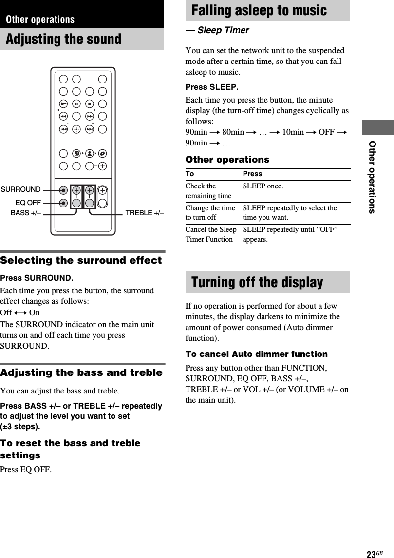 Other operations23GBSelecting the surround effectPress SURROUND.Each time you press the button, the surround effect changes as follows: Off y OnThe SURROUND indicator on the main unit turns on and off each time you press SURROUND.Adjusting the bass and trebleYou can adjust the bass and treble.Press BASS +/– or TREBLE +/– repeatedly to adjust the level you want to set (±3 steps).To reset the bass and treble settingsPress EQ OFF.You can set the network unit to the suspended mode after a certain time, so that you can fall asleep to music. Press SLEEP.Each time you press the button, the minute display (the turn-off time) changes cyclically as follows:90min t 80min t … t 10min t OFF t 90min t …Other operationsIf no operation is performed for about a few minutes, the display darkens to minimize the amount of power consumed (Auto dimmer function). To cancel Auto dimmer functionPress any button other than FUNCTION, SURROUND, EQ OFF, BASS +/–, TREBLE +/– or VOL +/– (or VOLUME +/– on the main unit).Other operationsAdjusting the soundTREBLE +/–BASS +/–SURROUNDEQ OFFFalling asleep to music —Sleep TimerTo PressCheck the remaining timeSLEEP once.Change the time to turn offSLEEP repeatedly to select the time you want.Cancel the Sleep Timer FunctionSLEEP repeatedly until “OFF” appears.Turning off the display