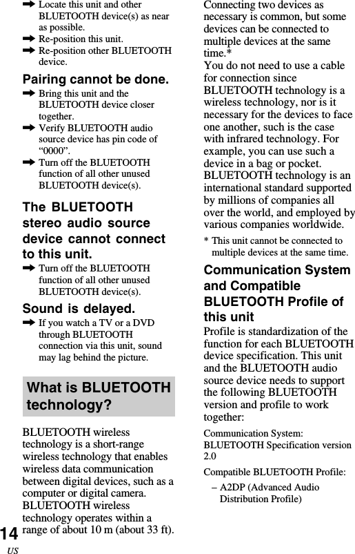 14US,Locate this unit and otherBLUETOOTH device(s) as nearas possible.,Re-position this unit.,Re-position other BLUETOOTHdevice.Pairing cannot be done.,Bring this unit and theBLUETOOTH device closertogether.,Verify BLUETOOTH audiosource device has pin code of“0000”.,Turn off the BLUETOOTHfunction of all other unusedBLUETOOTH device(s).The BLUETOOTHstereo audio sourcedevice cannot connectto this unit.,Turn off the BLUETOOTHfunction of all other unusedBLUETOOTH device(s).Sound is delayed.,If you watch a TV or a DVDthrough BLUETOOTHconnection via this unit, soundmay lag behind the picture.What is BLUETOOTHtechnology?BLUETOOTH wirelesstechnology is a short-rangewireless technology that enableswireless data communicationbetween digital devices, such as acomputer or digital camera.BLUETOOTH wirelesstechnology operates within arange of about 10 m (about 33 ft).Connecting two devices asnecessary is common, but somedevices can be connected tomultiple devices at the sametime.*You do not need to use a cablefor connection sinceBLUETOOTH technology is awireless technology, nor is itnecessary for the devices to faceone another, such is the casewith infrared technology. Forexample, you can use such adevice in a bag or pocket.BLUETOOTH technology is aninternational standard supportedby millions of companies allover the world, and employed byvarious companies worldwide.*This unit cannot be connected tomultiple devices at the same time.Communication Systemand CompatibleBLUETOOTH Profile ofthis unitProfile is standardization of thefunction for each BLUETOOTHdevice specification. This unitand the BLUETOOTH audiosource device needs to supportthe following BLUETOOTHversion and profile to worktogether:Communication System:BLUETOOTH Specification version2.0Compatible BLUETOOTH Profile:– A2DP (Advanced AudioDistribution Profile)