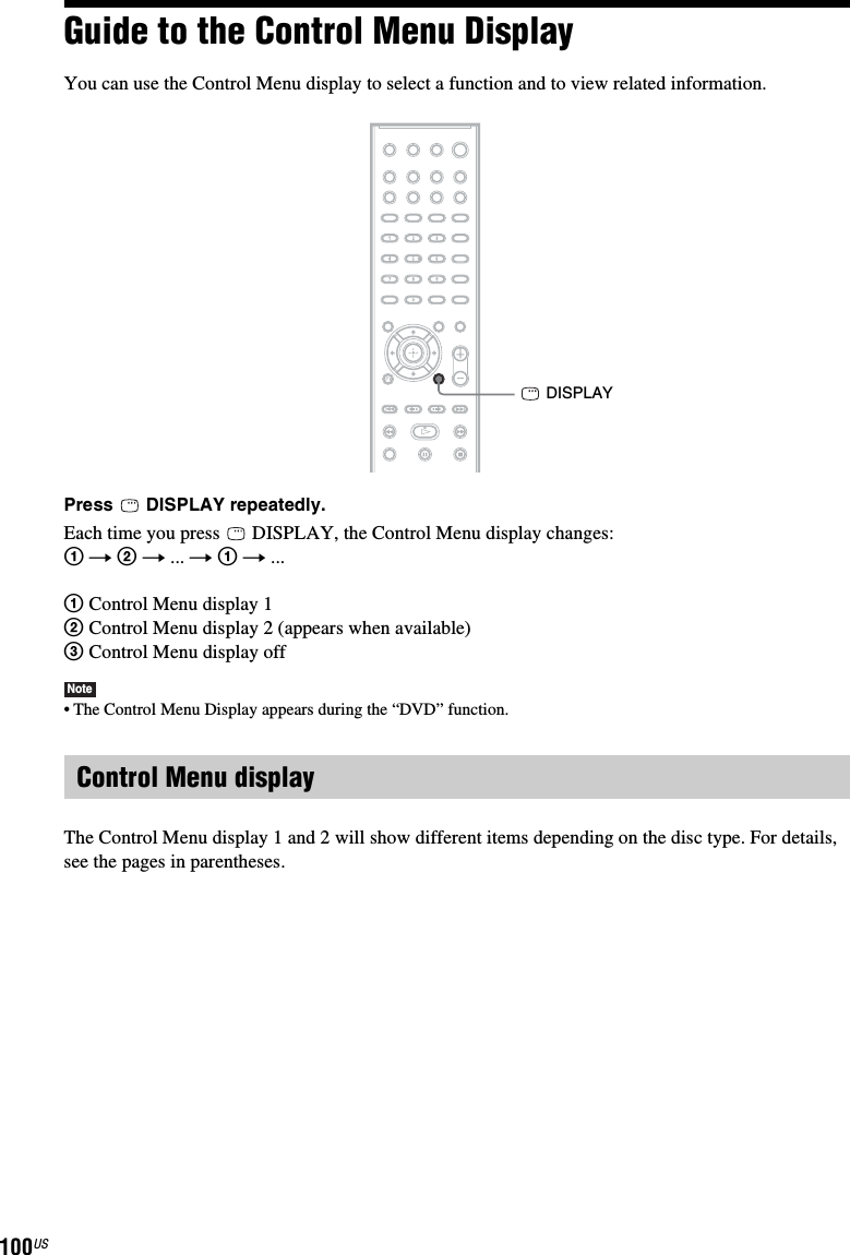 100USGuide to the Control Menu DisplayYou can use the Control Menu display to select a function and to view related information. Press  DISPLAY repeatedly.Each time you press   DISPLAY, the Control Menu display changes:1 t 2 t ... t 1 t ...1 Control Menu display 12 Control Menu display 2 (appears when available)3 Control Menu display offNote• The Control Menu Display appears during the “DVD” function.The Control Menu display 1 and 2 will show different items depending on the disc type. For details, see the pages in parentheses.Control Menu display DISPLAY