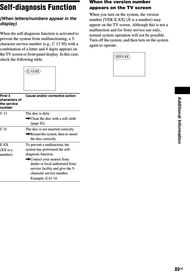 Additional Information89USSelf-diagnosis Function (When letters/numbers appear in the display)When the self-diagnosis function is activated to prevent the system from malfunctioning, a 5-character service number (e.g., C 13 50) with a combination of a letter and 4 digits appears on the TV screen or front panel display. In this case, check the following table.When the version number appears on the TV screenWhen you turn on the system, the version number [VER.X.XX] (X is a number) may appear on the TV screen. Although this is not a malfunction and for Sony service use only, normal system operation will not be possible. Turn off the system, and then turn on the system again to operate.First 3 characters of the service numberCause and/or corrective actionC 13 The disc is dirty.,Clean the disc with a soft cloth (page 82).C 31 The disc is not inserted correctly.,Restart the system, then re-insert the disc correctly.E XX(XX is a number)To prevent a malfunction, the system has performed the self-diagnosis function.,Contact your nearest Sony dealer or local authorized Sony service facility and give the 5-character service number.Example: E 61 10C:13:50VER.X.XX