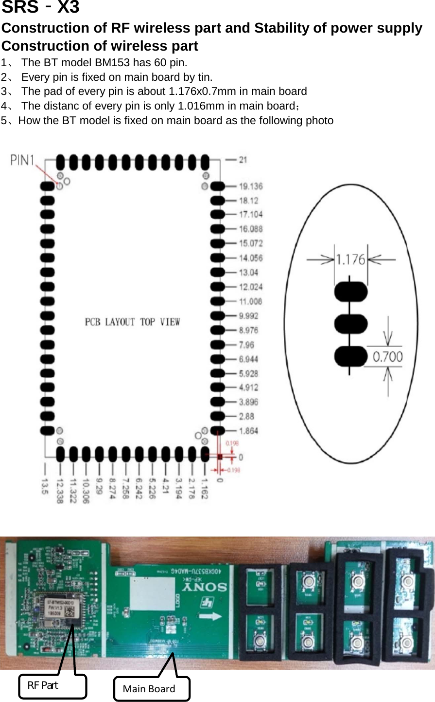 SRS‐X3Construction of RF wireless part and Stability of power supplyConstruction of wireless part1、 The BT model BM153 has 60 pin.2、 Every pin is fixed on main board by tin.3、 The pad of every pin is about 1.176x0.7mm in main board4、 The distanc of every pin is only 1.016mm in main board；5、How the BT model is fixed on main board as the following photoMainBoardRF Part